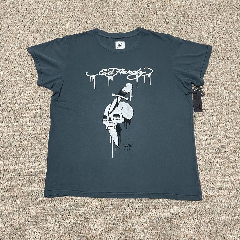 Ed Hardy Skull & Dagger Gray Graphic Tee Men's XL "By Appointment Only" NEW